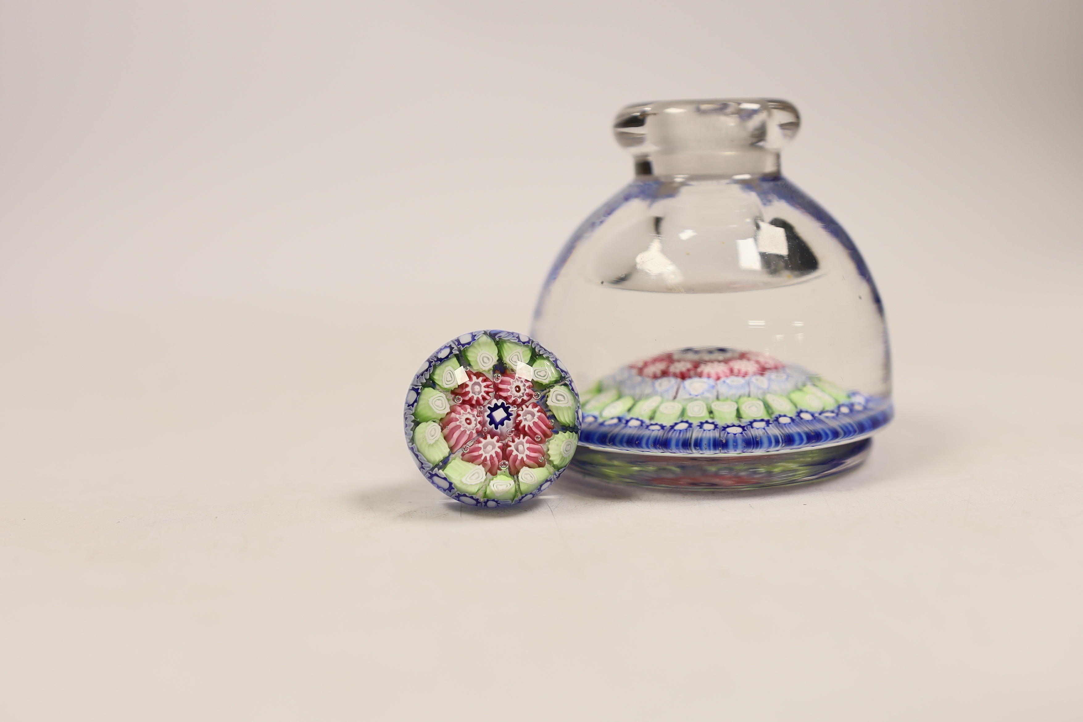 Millefiore glass inkwell and stopper, 9cm high